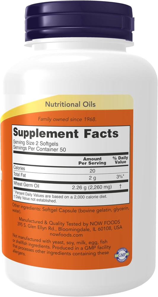 NOW Supplements, Wheat Germ Oil 1,130 mg with Essential Fatty Acids (EFAs), Nutritional Oil, 100 Softgels