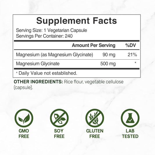 Magnesium Glycinate 500Mg, 240* Veggie Capsules | Chelated For Easy Absorption | Highly Purified Essential Trace Mineral For Muscle, Joint, Heart, & Digestive Health