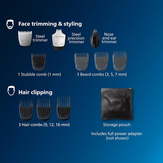 Norelco Philips Multigroomer All-In-One Trimmer Series 3000, 13 Piece Mens Grooming Kit, For Beard, Face, Nose, And Ear Hair Trimmer And Hair Clipper, No Blade Oil Needed, Mg3750/60