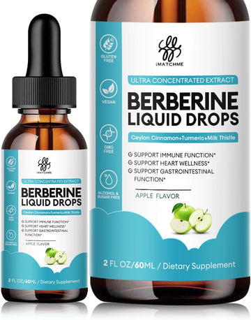 Berberine Hcl 1200Mg, 6-In-1 Berberine Complex Liquid Drop For Cardiovascular Care & Body Management, Berberine With Ceylon Cinnamon, Antioxidant & Heart Health Support, Apple Flavor, 2 Fl Oz