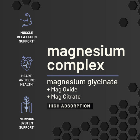 Magnesium Complex Supplement - Magnesium Oxide & Magnesium Glycinate Capsules, Muscle Relaxer, Bone Strength, Support Nervous System, Natural Ingredients (60 Capsules)