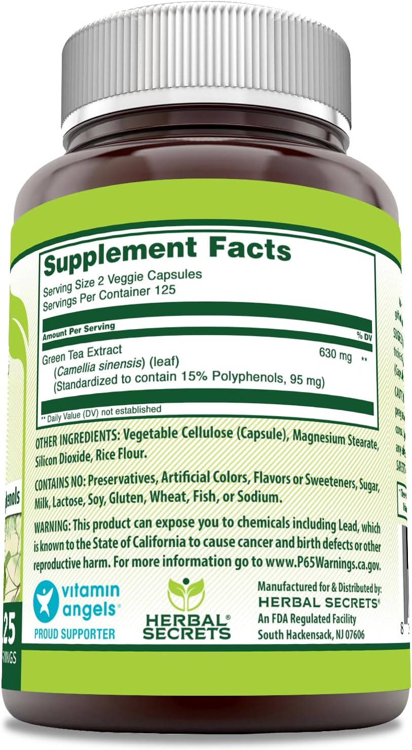 Herbal Secrets Green Tea Extract 630 Mg Per Serving | Veggie Capsule Supplement | Non-Gmo | Gluten Free | Made In Usa (1 Pack, 250 Count)