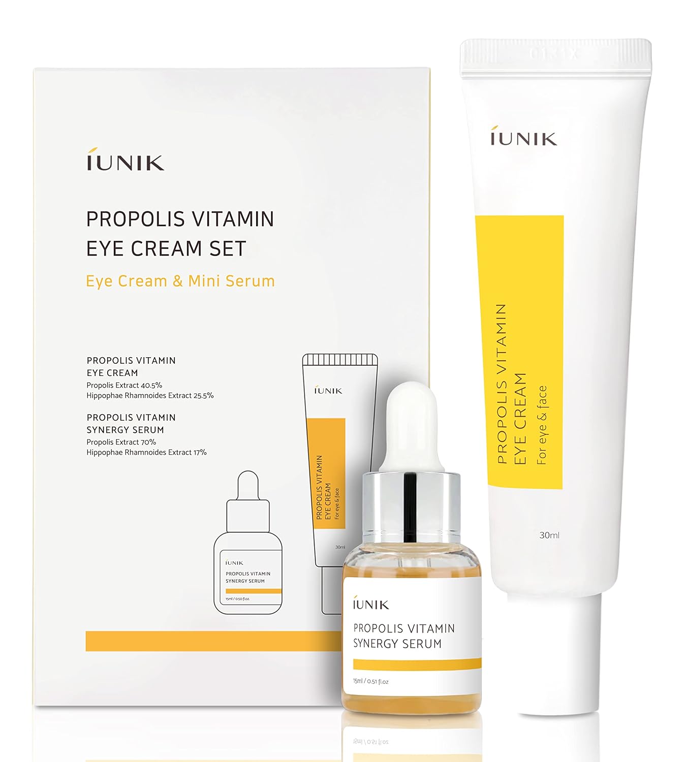 Iunik Propolis Vitamin Eye Cream Set (Eye Cream 1.01 Fl.Oz. & Mini Serum 0.51 Fl.Oz.) - Featuring Propolis Extract, Idebenone, Buckthorn