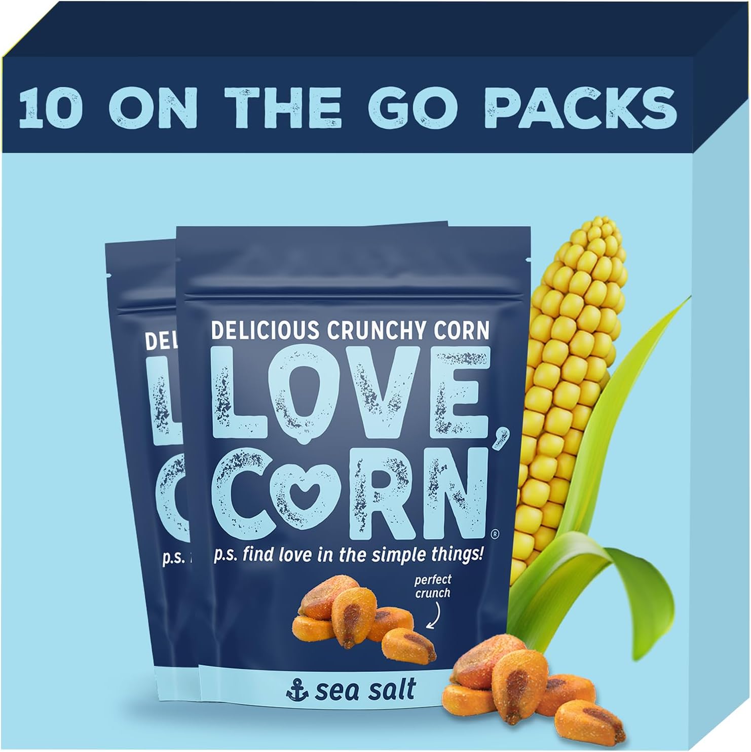Love Corn Sea Salt Crunchy Corn Snack 45G X 10 Bags – Healthy Snacks Ideal For Gluten Free & Vegan Diets – Low Sugar Alternative For Crisps, Mixed Nuts & Pretzels – Perfect To Graze On