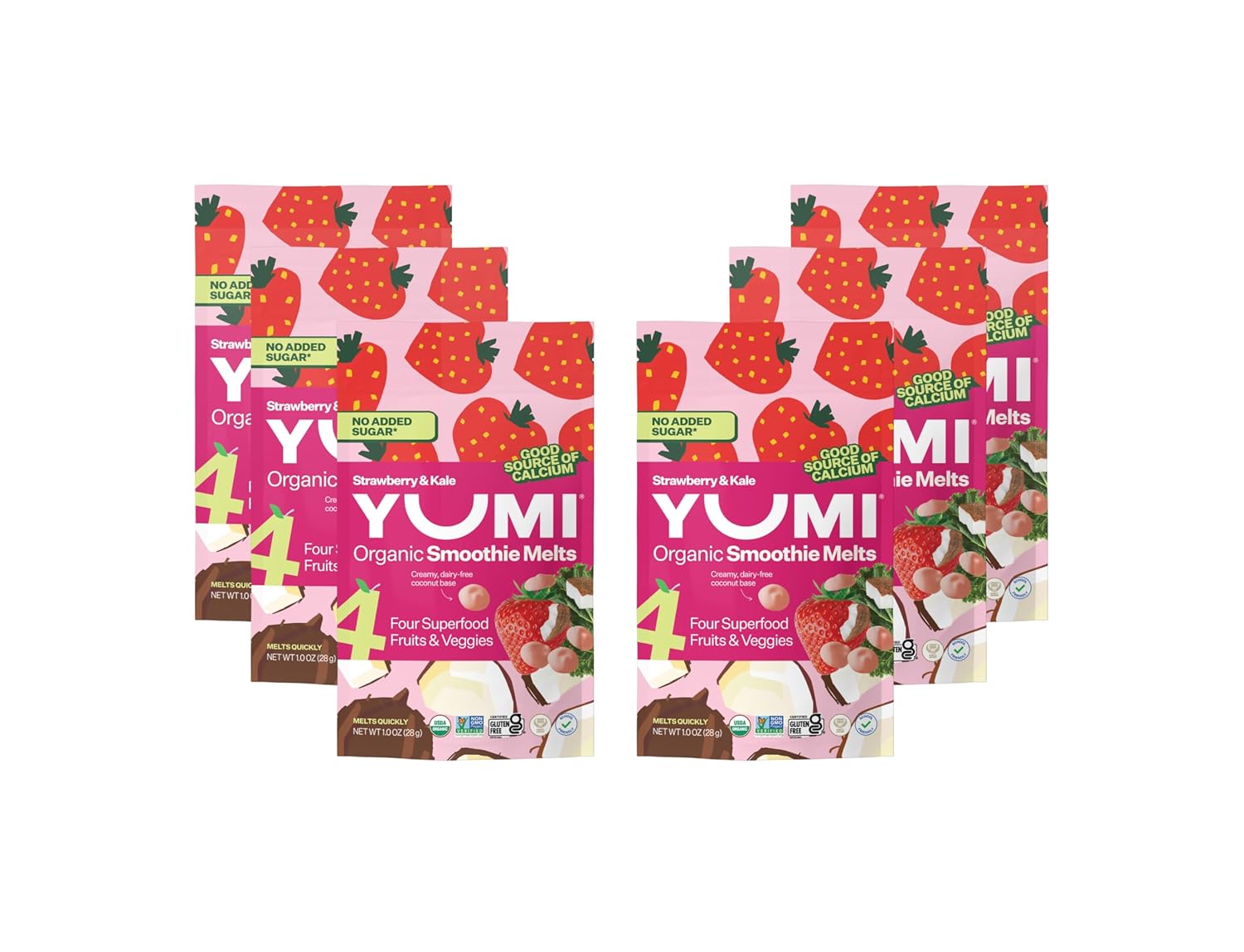 Yumi Smoothie Melts - Toddler, Kids & Baby Snacks, Gluten-Free, No Added Sugar. Organic Plant Based Like Bites - 4 Real Fruits & Vegetables Puree Melties, School Safe, Strawberry & Kale (6 Ct.)