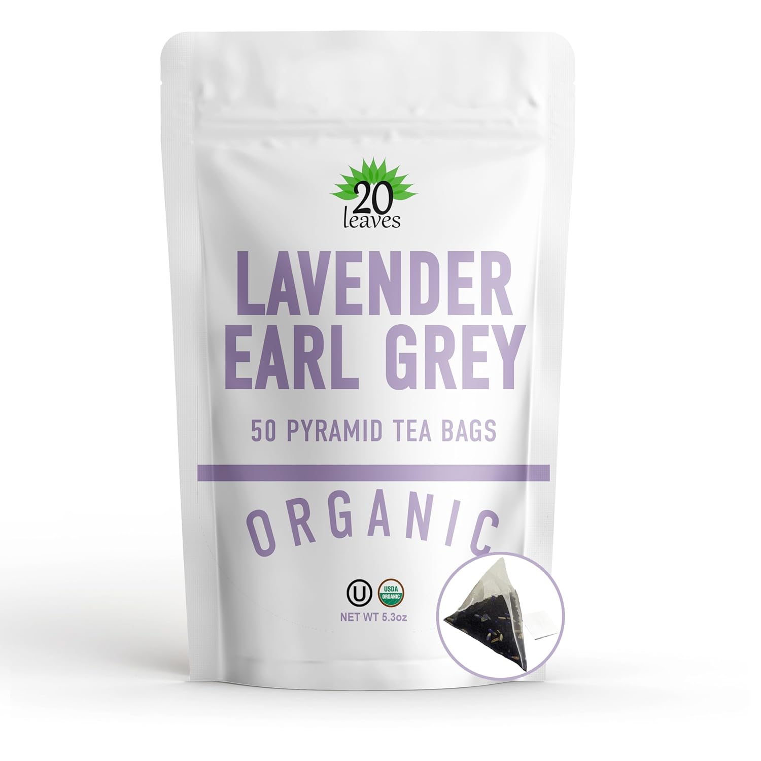 Lavender Earl Grey Black Tea - 100% Certified Organic - 50 Pyramid Tea Bags Sachets In Resealable Bag