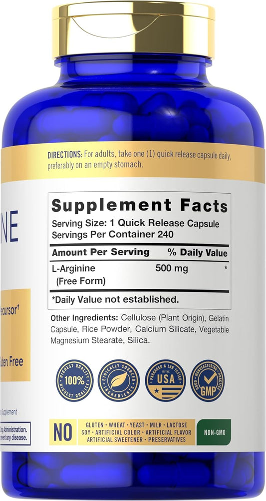 Carlyle L-Arginine 500Mg Capsules | 240 Count | Free Form | Non-Gmo & Gluten Free Supplement