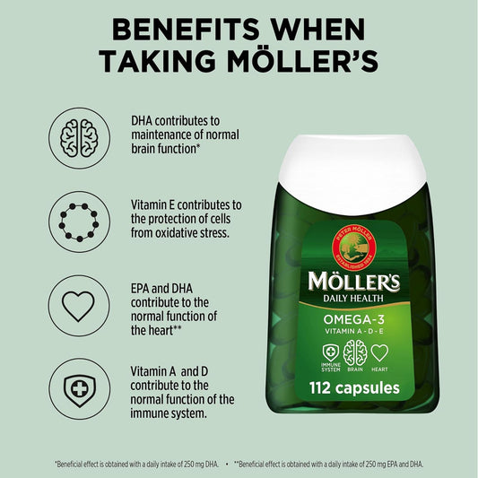 Moller’s ® | Omega-3 Capsules | Fish Oil | Nordic Omega-3 Dietary Supplement with EPA and DHA and Vitamins A, D and E | 166-year-old-brand | Daily Health | 112 CapsulesMollers-5702071388241