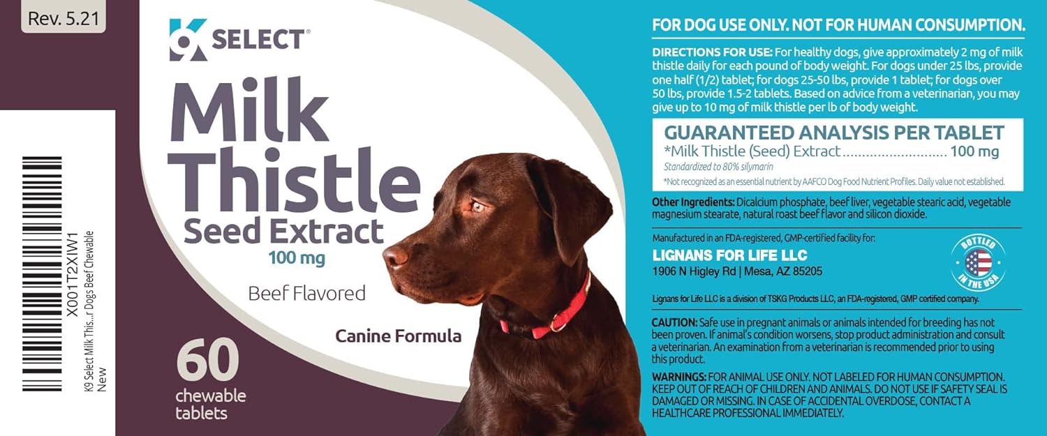 K9 Select Milk Thistle for Dogs, 100mg - 60 Beef Flavored Tablets - Canine Liver Health Natural Milk Thistle Supplement - Liver Supplement - Liver Support Supplement - Milk Thistle Herbal Supplements : Pet Supplies