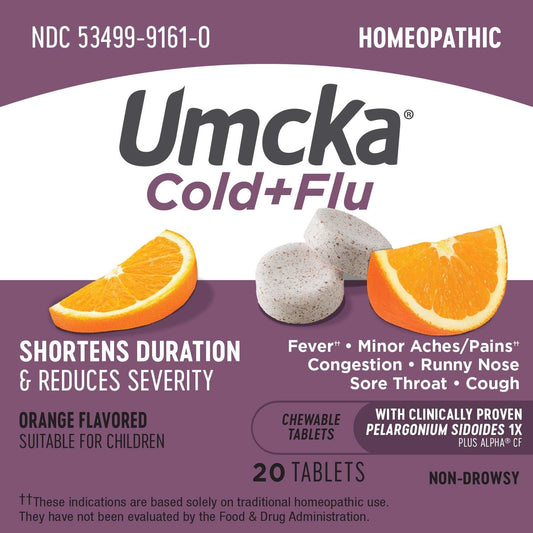 Nature'S Way Umcka Cold+Flu Homeopathic, Fever**, Sore Throat, Cough, Congestion, Minor Aches/Pains**, Phenylephrine Free, Non-Drowsy, Orange Flavored, 20 Chewable Tablets