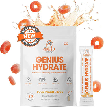 The Genius Brand - Genius Hydrate Stick Pack Powder Drink Mix - Sour Peach Rings Flavor, Natural Electrolyte Booster With Coconut Water & Potassium For Ultimate Hydration - 20 Packets