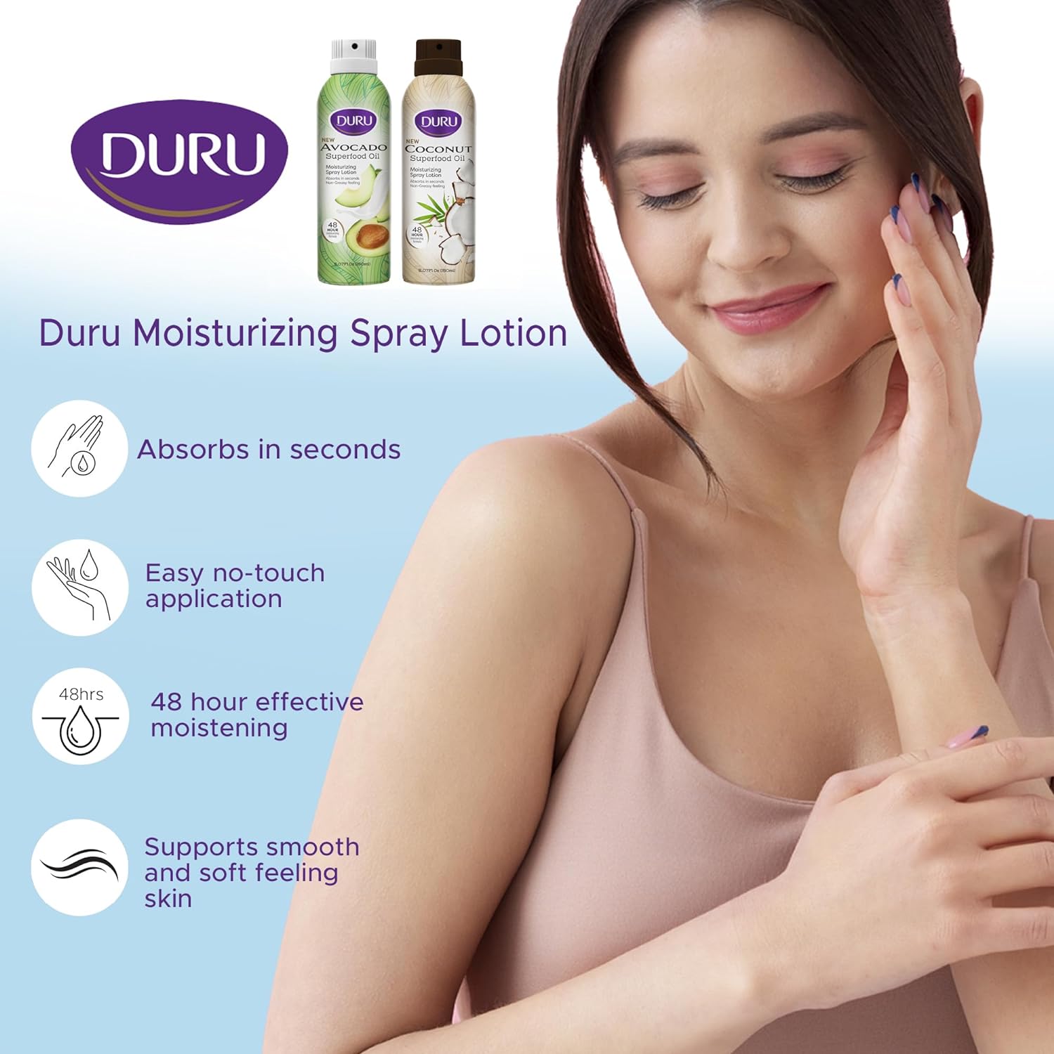 Duru Coconut Moisturizing Spray Lotion - Spray Moisturizer for Body Skin Care Products Coconut Oil Lotion for Dry Skin Repair 48 Hour Moisture Superfood Oils for Skin Body Lotion for Women Men : Beauty & Personal Care