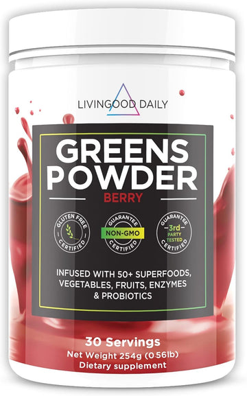 Livingood Daily Greens, Berry - Super Greens Powder for Gut Health - Green Blend Superfood with Spirulina, Chlorella, Veggie, Fruits, Herbs, Prebiotics & Enzymes - Smoothie Mix - 30 Servings