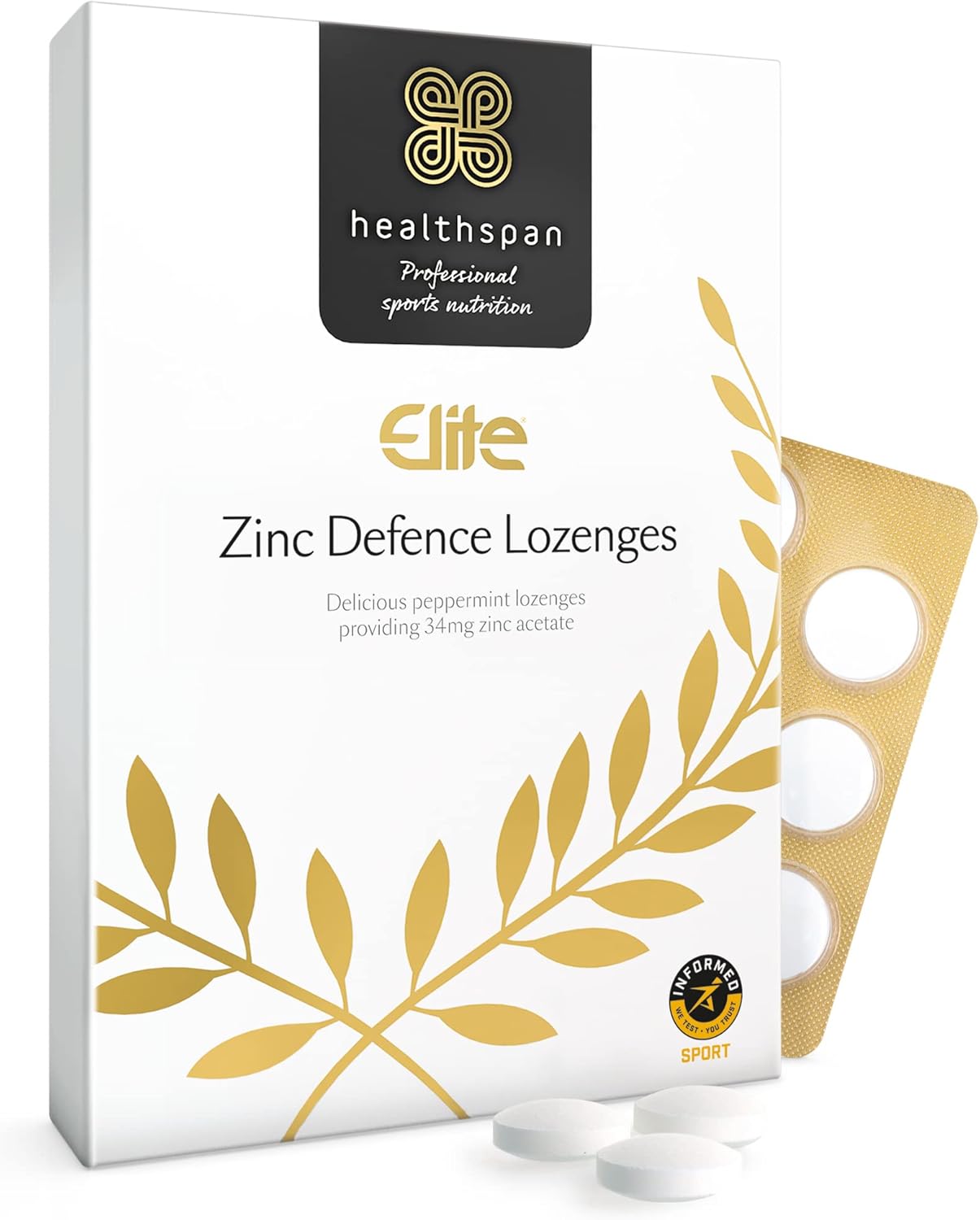 Healthspan Elite Zinc Defence Lozenges 34Mg (45 Lozenges) | Providing 34Mg Zinc Acetate | Immune Support | Cold & Flu | All Blacks Official Partner | Peppermint | Informed Sport Accredited | Vegan