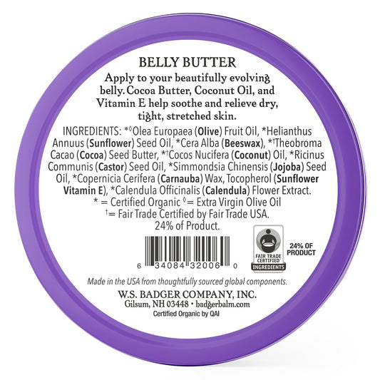 Badger - Belly Butter, Cocoa Butter & Calendula, Certified Organic Belly Butter, Vitamin E Belly Butter, Coconut Oil Belly Butter, Pregnant Belly Butter For Stretched Skin, 2 Oz