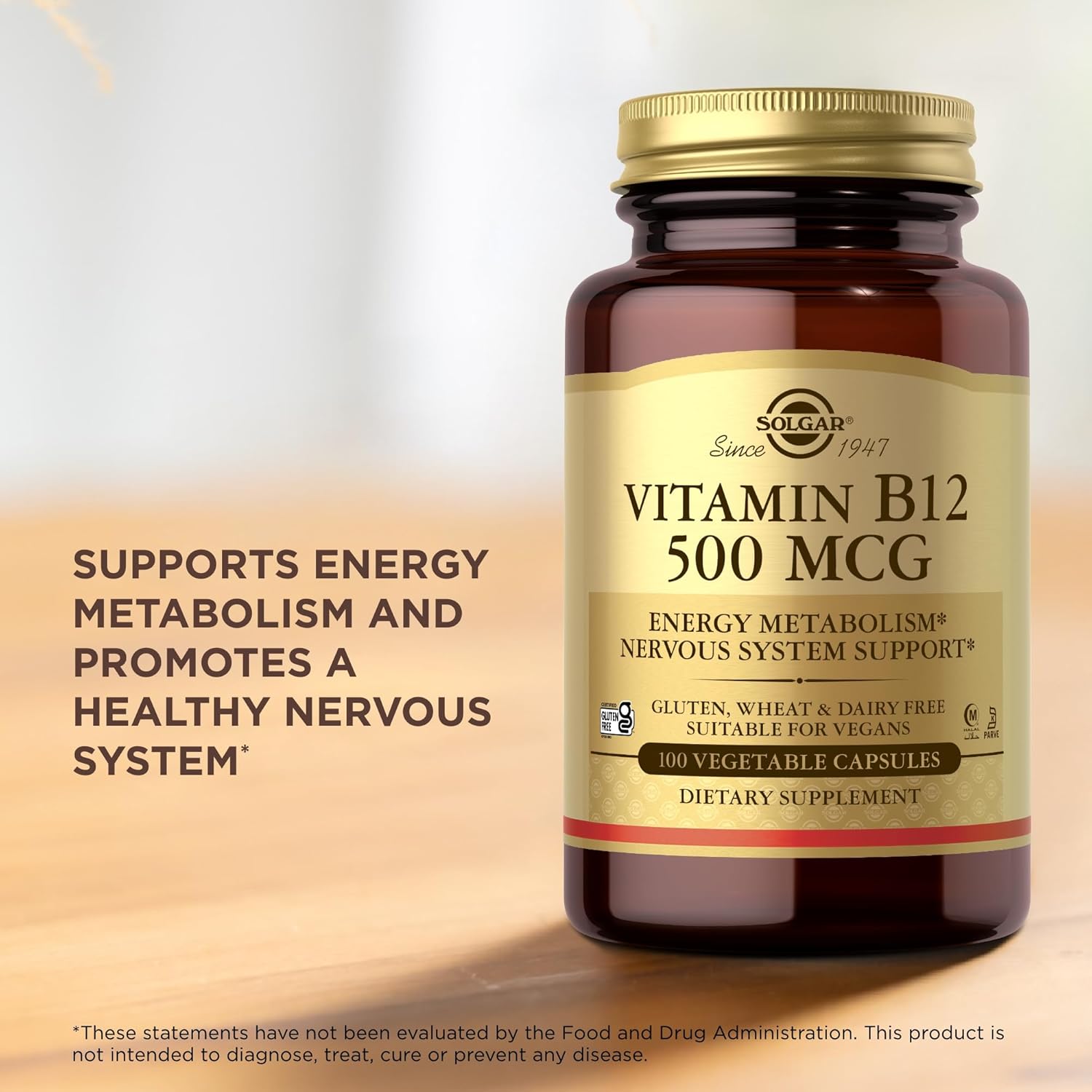 Solgar Vitamin B12 500 Mcg - 100 Vegetable Capsules - Energy Metabolism & Nervous System Support - Non-Gmo, Vegan, Gluten & Dairy Free, Kosher, Halal - 100 Servings