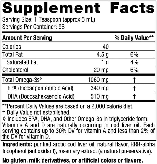 Nordic Naturals Arctic Cod Liver Oil, Orange - 16 oz - 1060 mg Total Omega-3s with EPA & DHA - Heart & Brain Health, Healthy Immunity, Overall Wellness - Non-GMO - 96 Servings