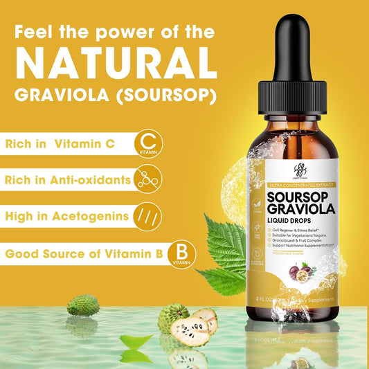 Soursop Graviola Liquid Drop For Cell Support & Regeneration, Immune System And Gut Health Support, Pure Soursop Bitters Liquid, High Absorption, Sugar/Gluten Free, Natural Flavor, 1 Fl Oz