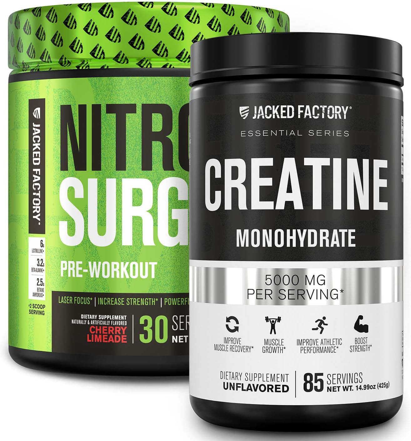 Nitrosurge Pre-Workout & Creatine Monohydrate - Pre Workout Powder With Creatine For Muscle Growth, Increased Strength, Endless Energy, Intense Pumps - Cherry Limeade Preworkout & Unflavored Creatine