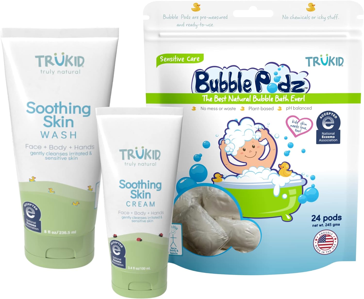 TruKid NEA-Accepted Eczema Relief Bundle | Bubble Bath, Skin Cream, and Body Wash | All Natural Ingredients, Unscented, Hydrates, Moisturizes and Protects Irritated & Sensitive Skin | Three Products