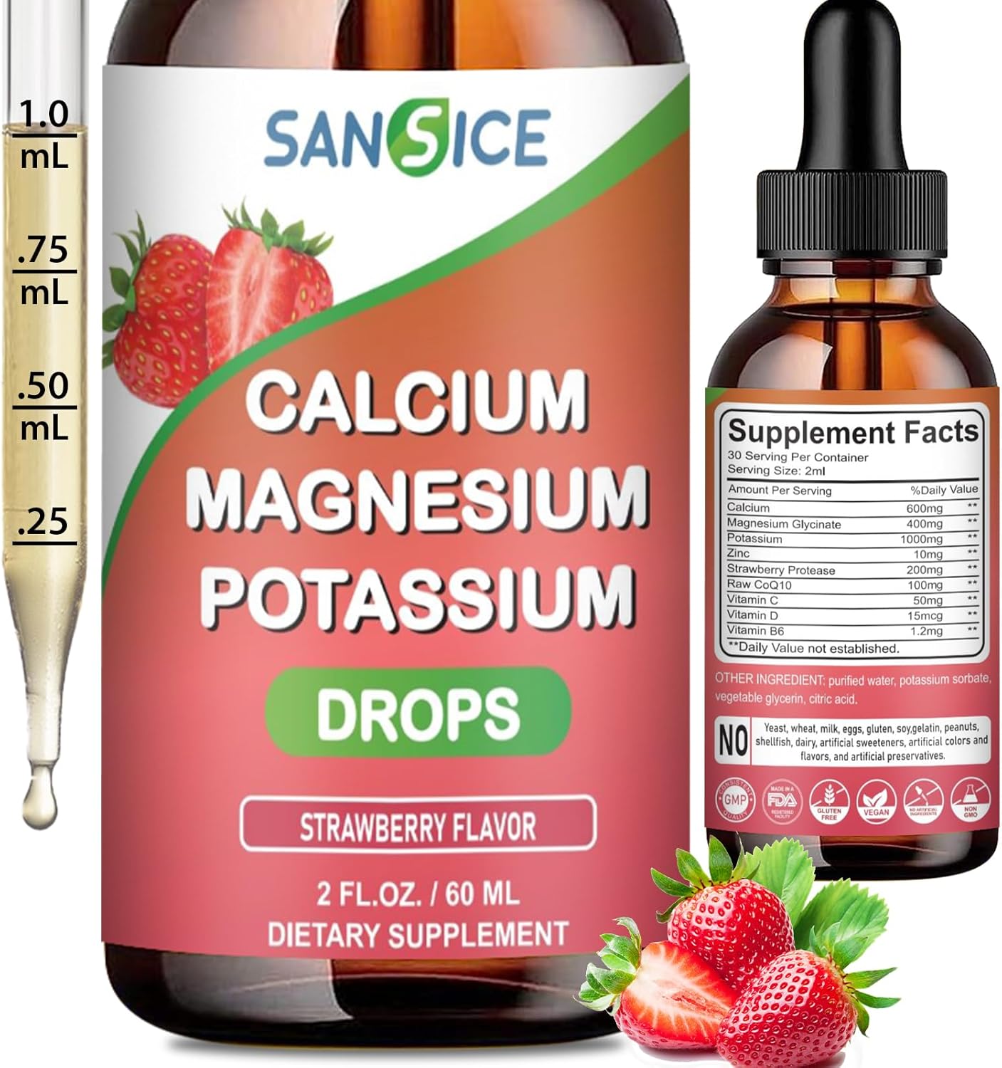 Calcium Magnesium Potassium Supplements, Magnesium Glycinate 400Mg Zinc Multivitamin Drops Calcium Potassium Supplement High Absorption Vegan Non Gmo (60Ml/Strawberry Flavor)
