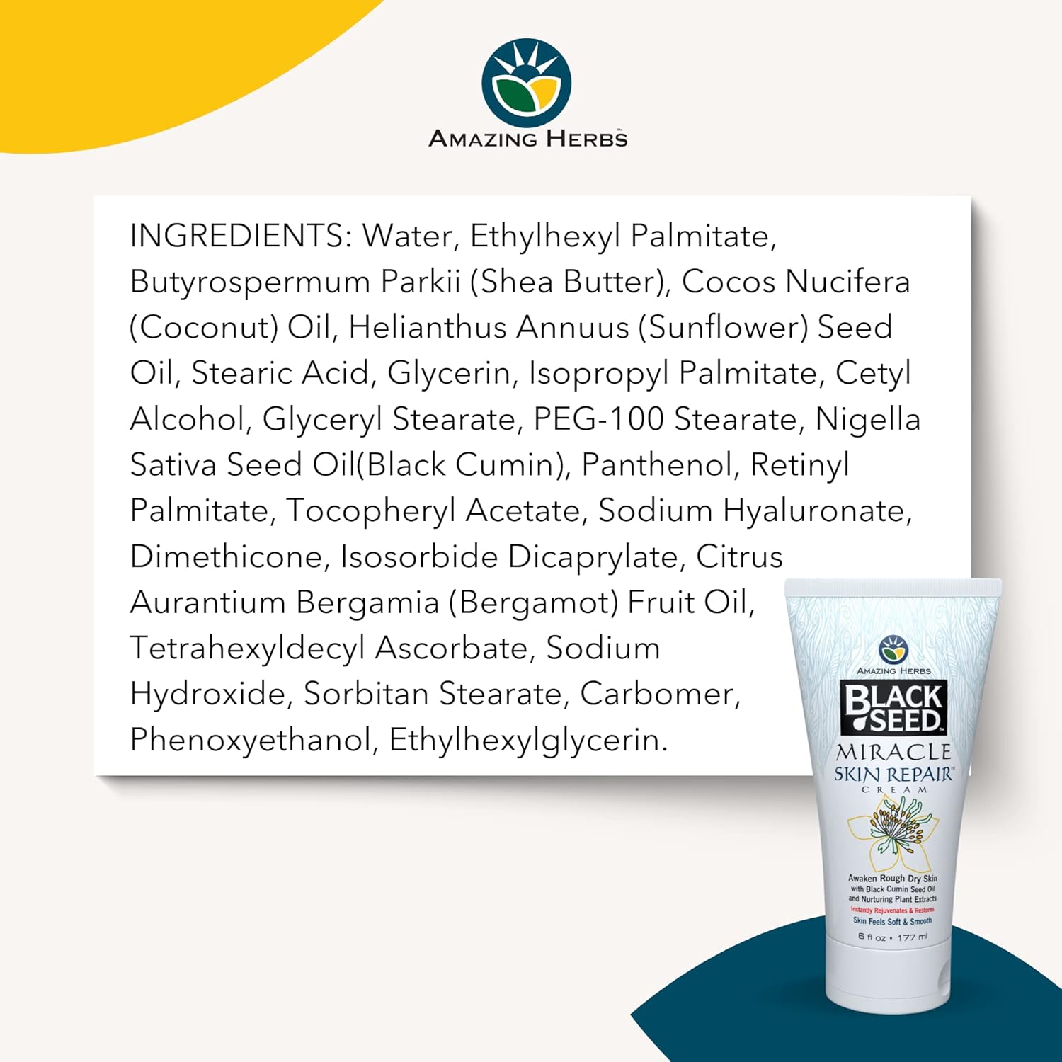 Amazing Herbs Black Seed Miracle Skin Repair Cream - Non-Allergenic Formula, Black Cumin Seed Oil, Vitamin E, And Other Essential Oils Support Collagen & Elastin Production - 6 Fl Oz : Health & Household