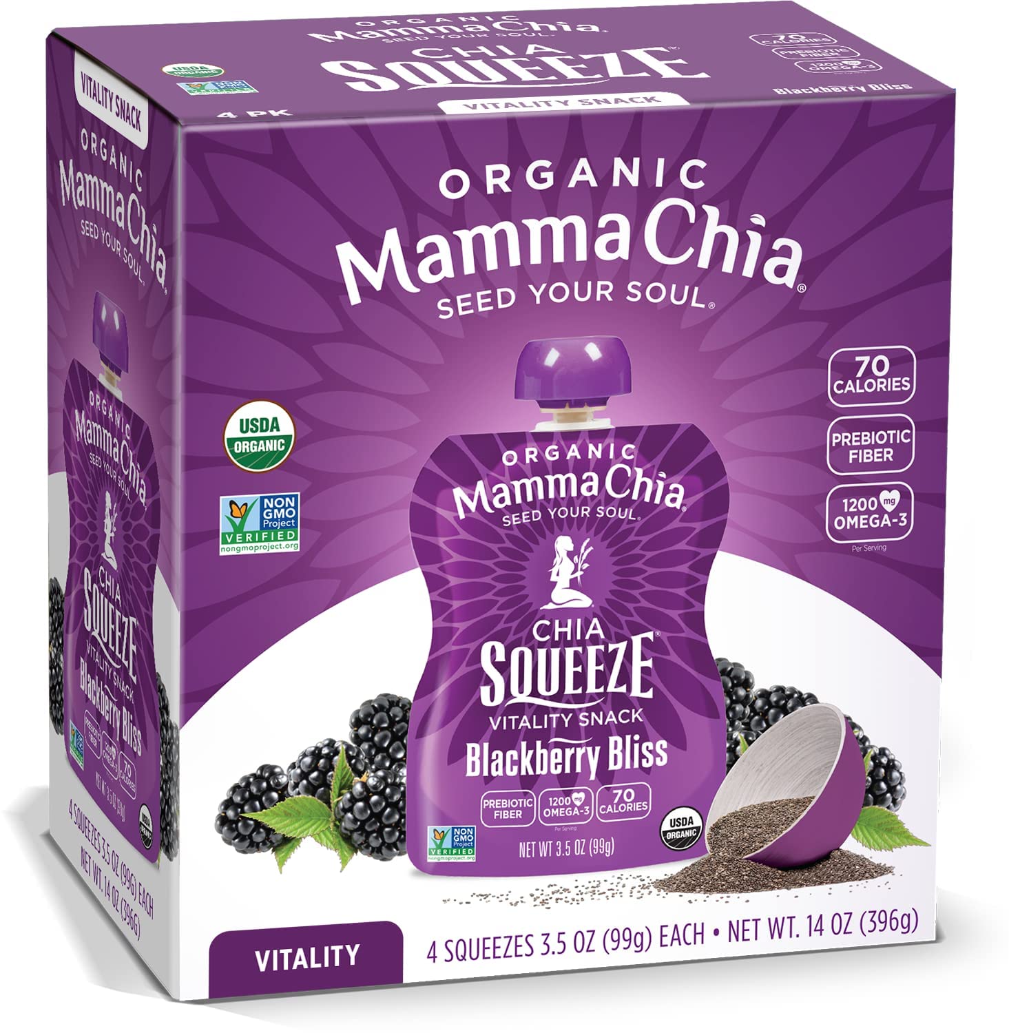 Mamma Chia Organic Vitality Squeeze Snack, Blackberry Bliss, 24- 3.5 Ounce Chia Pouches. USDA Organic, Non-GMO, Vegan, Gluten Free, and Kosher. Fruit and Vegetables with only 70 Calories