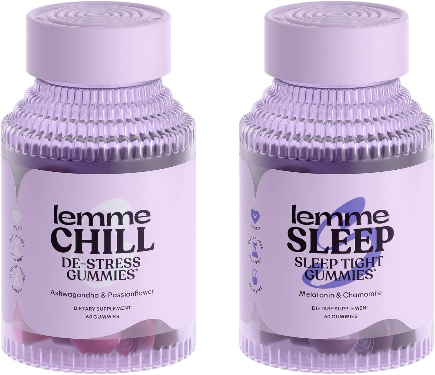 Lemme Chill & Sleep Bundle - Stress Relief Gummies with KSM-66 Ashwagandha & Deep Sleep Gummies with Melatonin and Magnesium to Fall Asleep Faster - Vegan, Gluten-Free and Non-GMO (Variety Pack of 2)