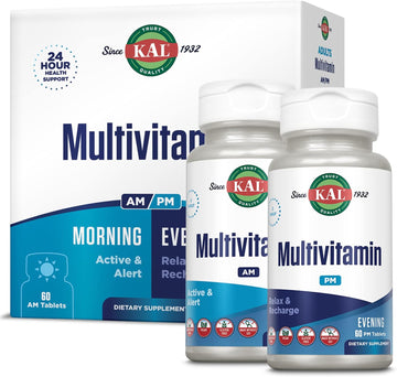 KAL Multivitamin AM/PM, 2-in-1 Womens and Mens Multivitamins Supplements, Turmeric, Tart Cherry, Organic Matcha and Spirulina for Immune,and Cellular Support, Gluten Free, 30 Servings, 120 Tablets