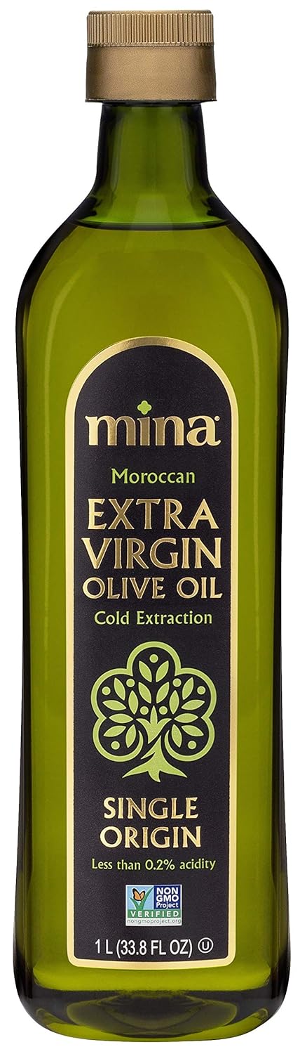 Mina Olive Oil Extra Virgin 33.8 Fl Oz, New Harvest, Polyphenol Rich Olive Oil For Cooking, Moroccan Evoo, Single Origin, Cold Extraction, Less Than 0.2% Acidity, 1 L