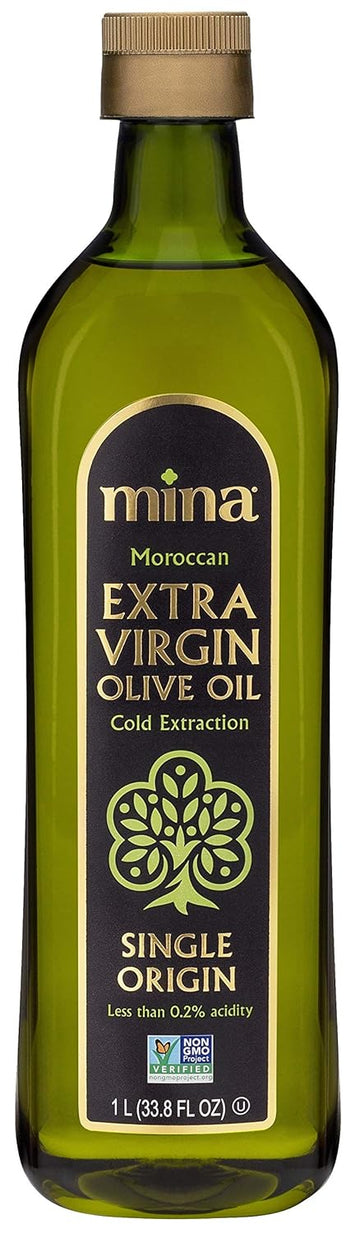 Mina Olive Oil Extra Virgin 33.8 Fl Oz, New Harvest, Polyphenol Rich Olive Oil For Cooking, Moroccan Evoo, Single Origin, Cold Extraction, Less Than 0.2% Acidity, 1 L