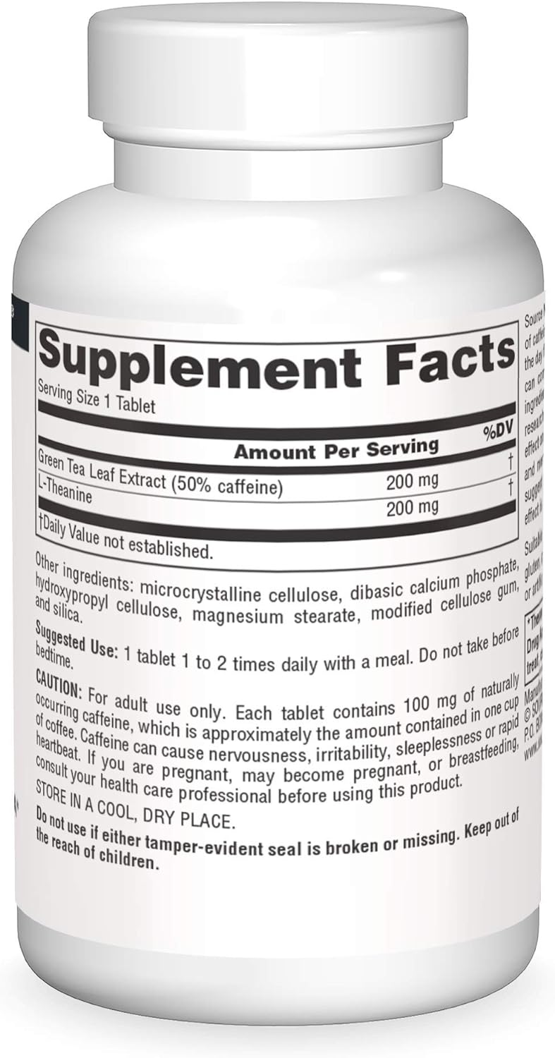 Source Naturals Caffeine + L-Theanine, Energy and Focus Support from Green Tea* - 60 Tablets : Health & Household