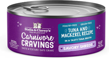 Stella & Chewy'S Carnivore Cravings Savory Shreds Cans – Grain Free, Protein Rich Wet Cat Food – Wild-Caught Tuna & Mackerel Recipe – (2.8 Ounce Cans, Case Of 24)