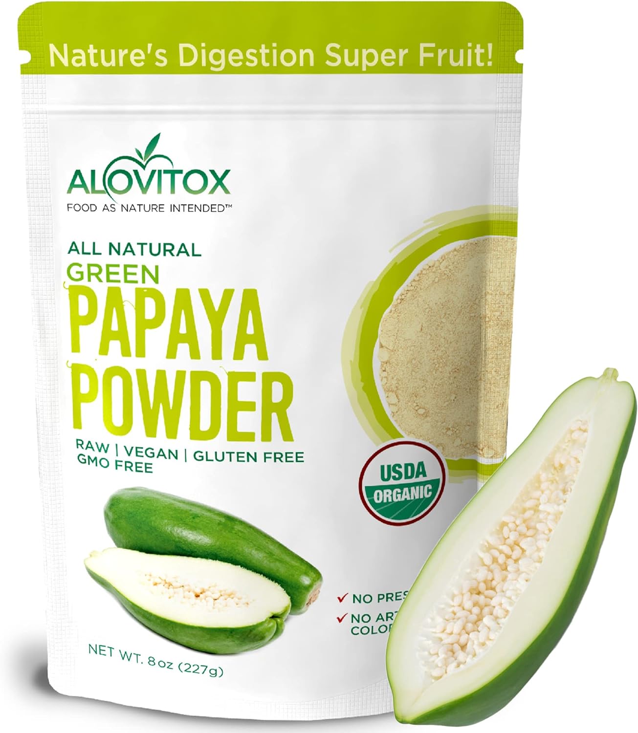 Alovitox Green Papaya Fruit Powder Antioxidant Papaya Enzyme for Immune Support, Healthy Digestion & Skin Health Organic Green Powder with Papaya Extracts for Smoothies & Shakes Vegan, Gluten Free-8oz