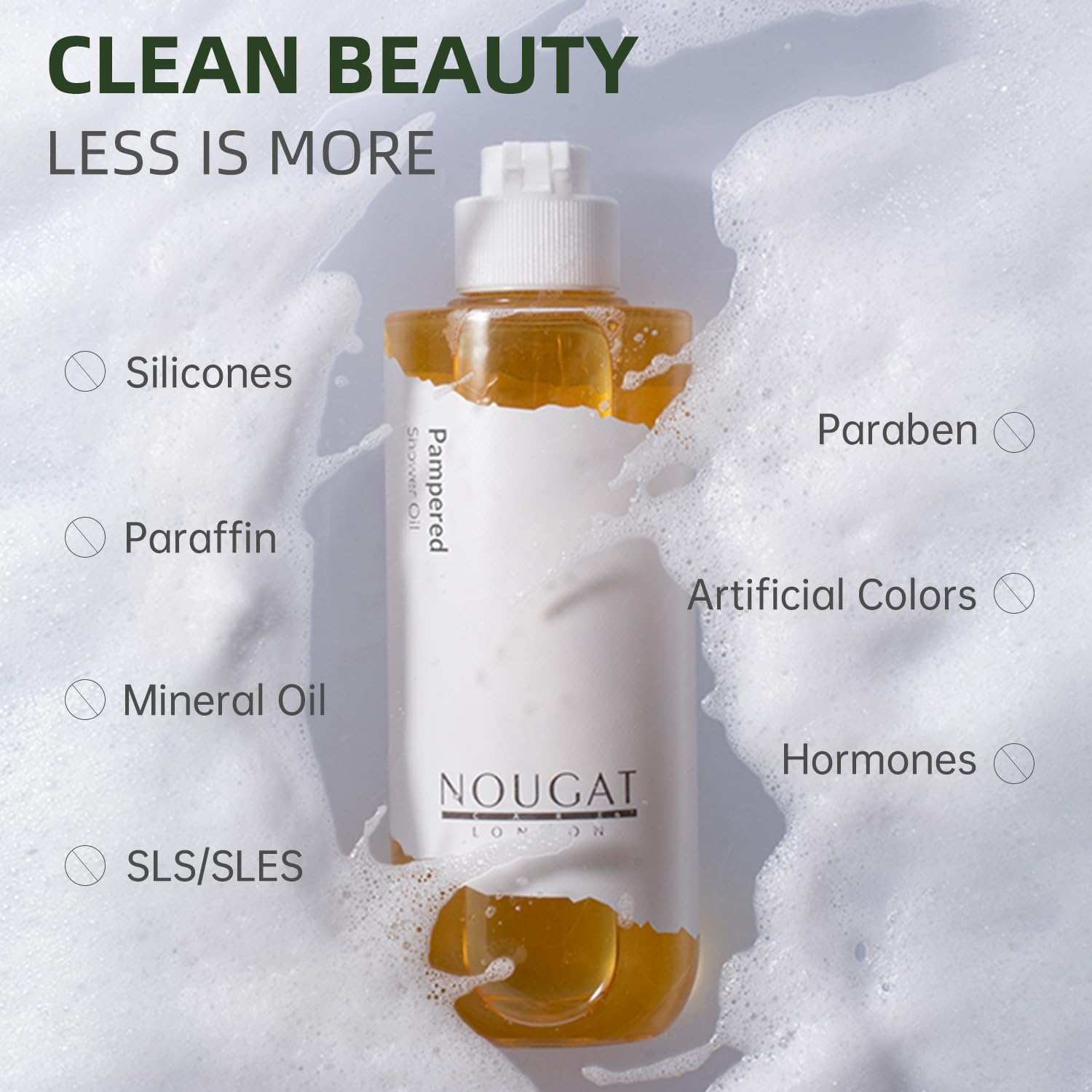Nougat London Pampered Shower Oil, Makeup & Sunscreen Removal, Free-From Formular, Oil-To-Milky Lather, Cleanse Without Drying With Luxury Botanical Oils, Delicate Perfume,Smooth Skin,Vitamin E