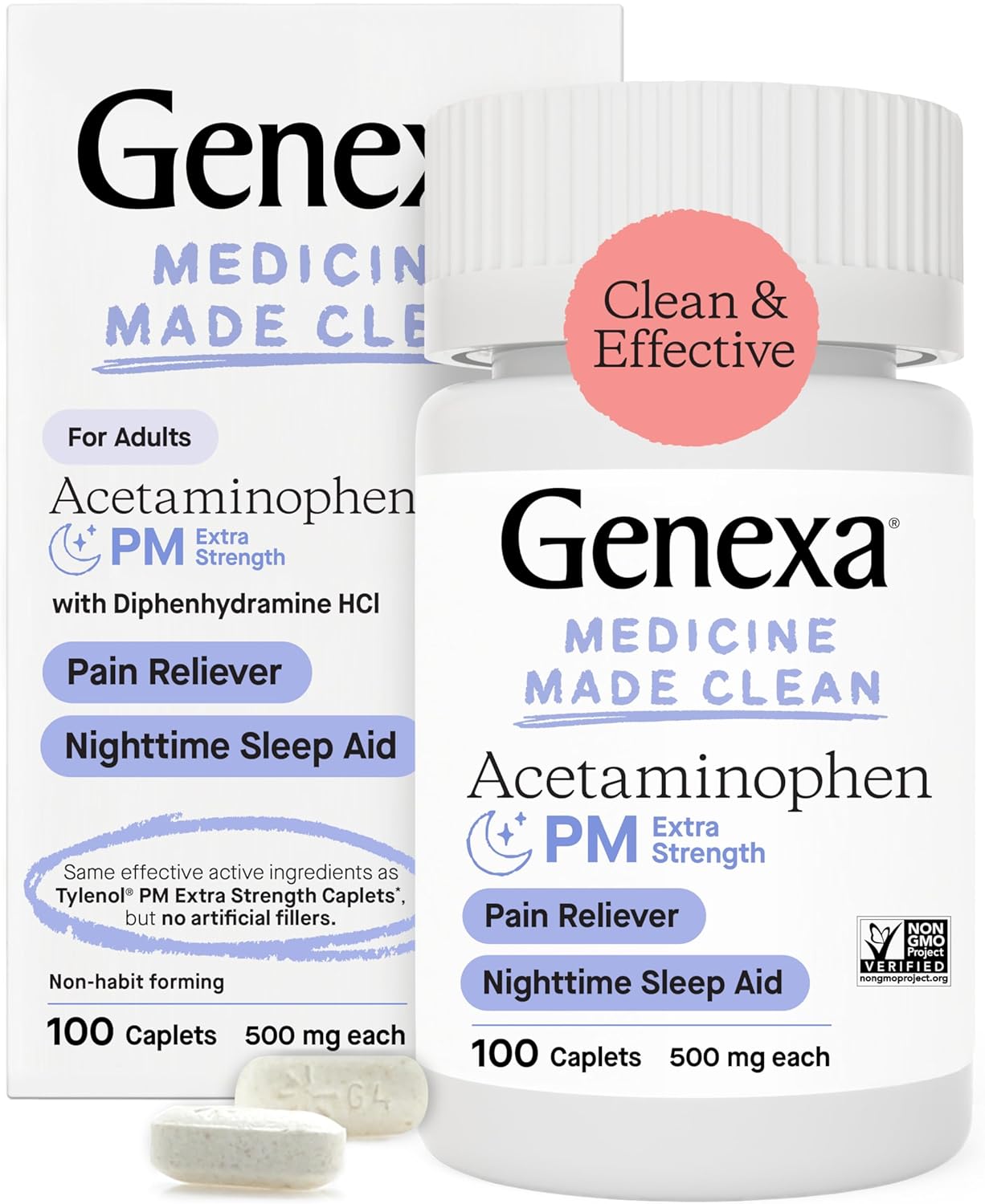 Genexa Acetaminophen Pm 500Mg Extra Strength For Adults | Pm Pain Reliever & Nighttime Sleep Aid With Diphenhydramine Hcl 25Mg | Non-Gmo | Medicine Made Clean | 100 Caplets