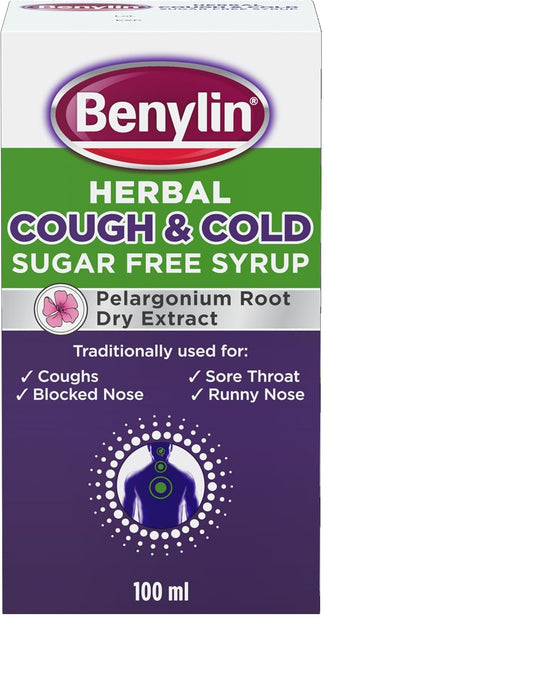 BENYLIN® Herbal Cough & Cold Sugar Free Syrup (1x 100ml), Traditional Herbal Medicine, with Pelargonium Root Dry Extract to Relieve Runny and Blocked Noses, Coughs and Sore Throats : Amazon.co.uk: Health & Personal Care