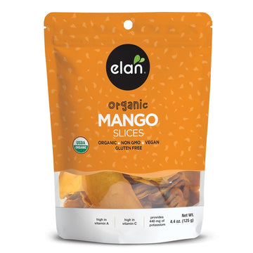 Elan Organic Dried Mango Slices, 4.4 Oz, Sulphite-Free, No Sugar Added, Non-Gmo, Vegan, Gluten-Free, Kosher, Healthy Dried Fruit Snacks