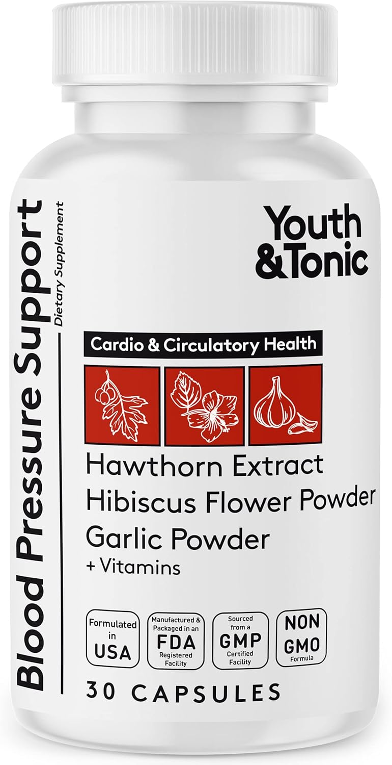 Youth & Tonic Natural Blood Pressure Support Supplement W/Hawthorn Hibiscus & High Potency Diuretic Herbs & Vitamins For Water Retention | 30 Bp Capsules To Maintain A Good Health | Women & Men