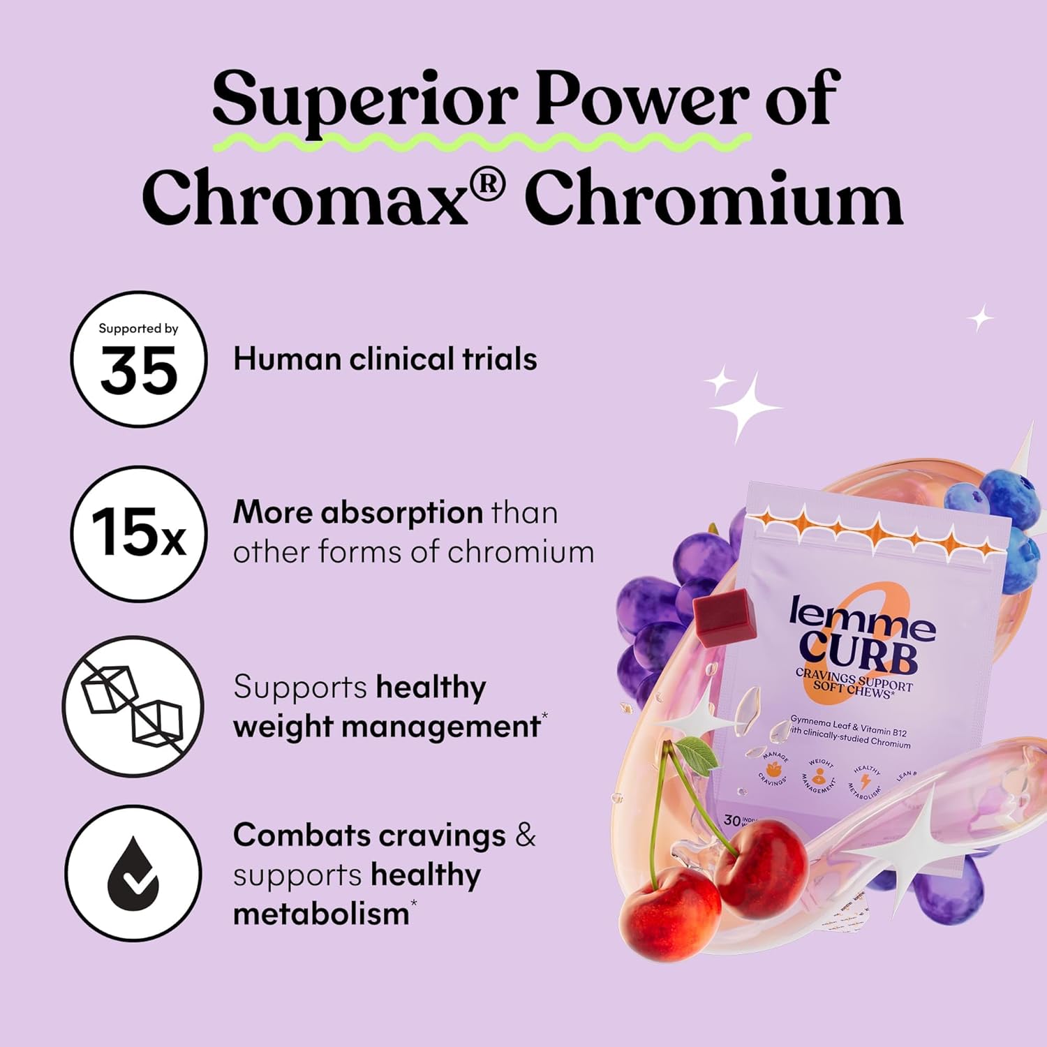 Lemme Curb Cravings Soft Chews - Reduce Appetite, Support Healthy Diet, Metabolism & Lean Body W/Clinically Studied Chromium, Gymnema & B12, No Added Sugar, Mixed Berry, 30 Count (Month Supply)