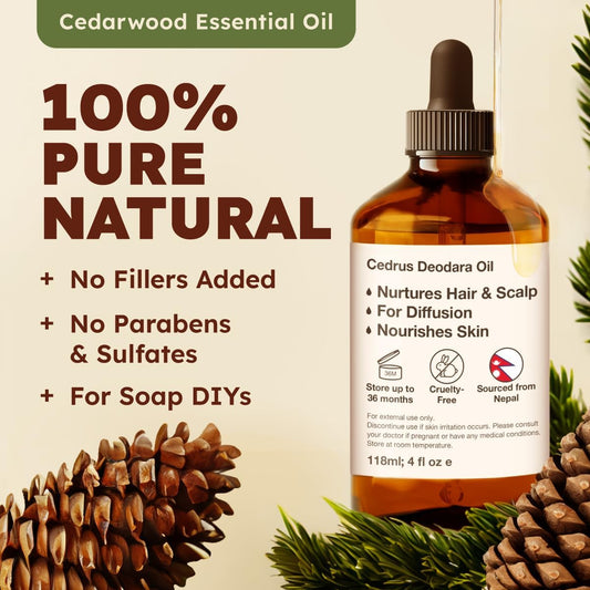 Kukka Cedarwood Essential Oil For Hair Skin & Diffuser - 100% Natural Essential Oil Cedarwood Oil For Hair Aromatherapy Soap Making Scent (4 Fl Oz)