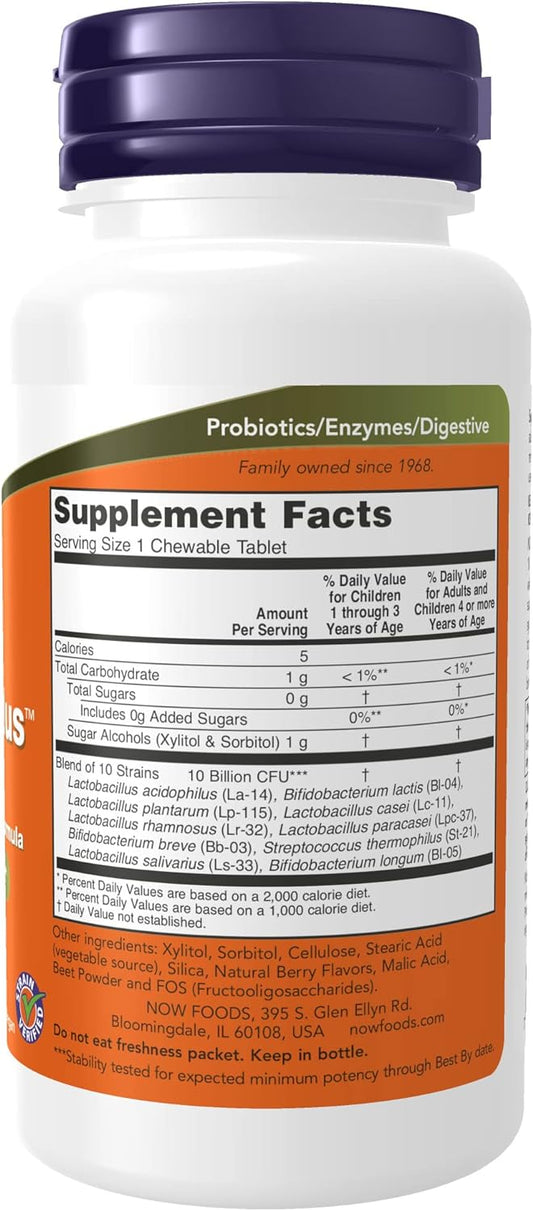 NOW Supplements, BerryDophilus™, Developed for Adults & Children with 10 Probiotic Strains, Extra Strength,Strain Verified, 50 Chewables