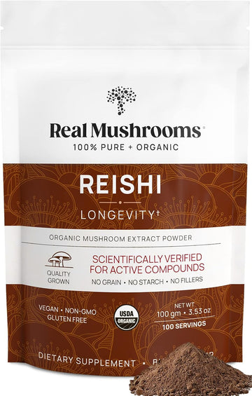 Real Mushrooms Reishi Powder - Organic Mushroom Extract Supplement With Potent Red Reishi Mushroom For Longevity, Mood, Sleep, & Immune Support - Vegan Mushroom Supplement, Non-Gmo, 100 Servings