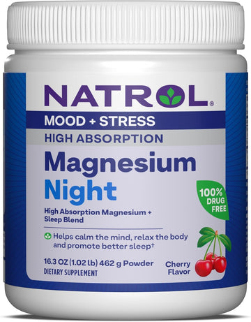 Natrol Mood + Stress High Absorption Night Magnesium Carbonate And Magnesium Glycinate 325Mg With A Blend Of Glycine, Gaba, Lemon Balm And Melatonin, 16.3 Oz Cherry-Flavored Powder, 60 Day Supply