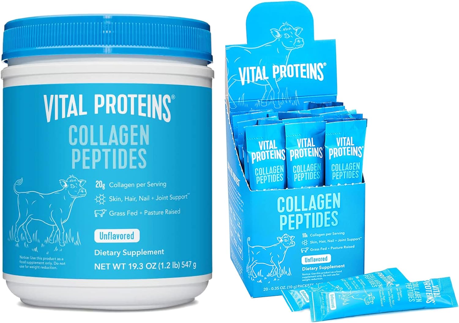 Vital Proteins Collagen Peptides Powder Unflavored 19.3 OZ + 20 Count Stick Pack