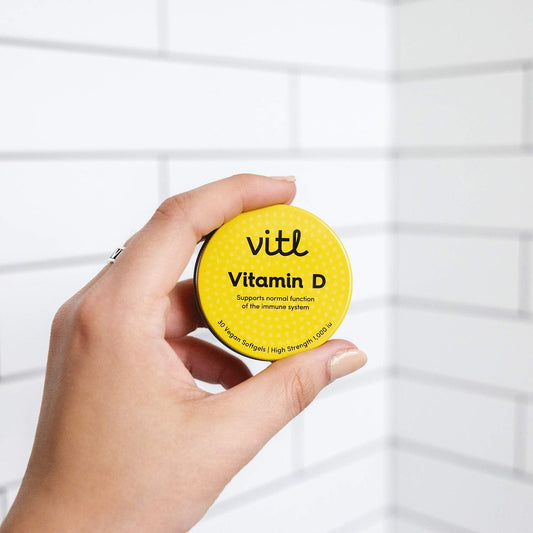 Vitl Vitamin D3, 30 Vegan Capsules - High Strength 1000 Iu Softgels - Supports The Immune System, Bones & Joints, Teeth, Muscles & Heart - Easy To Swallow - Pocket-Sized Tin