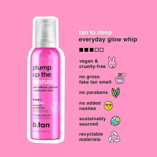 b.tan Dark Gradual Self Tanner Whip | Plump Up the Bronze - Daily Aerosol Foam to Build a Deep, Bronzed Everyday Glow, Enriched With Hyaluronic Acid + Guarana For Plump, Juicy Skin, 207ml
