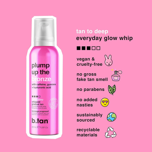 B.Tan Dark Gradual Self Tanner Whip | Plump Up The Bronze - Daily Aerosol Foam To Build A Deep, Bronzed Everyday Glow, Enriched With Hyaluronic Acid + Guarana For Plump, Juicy Skin, 207Ml