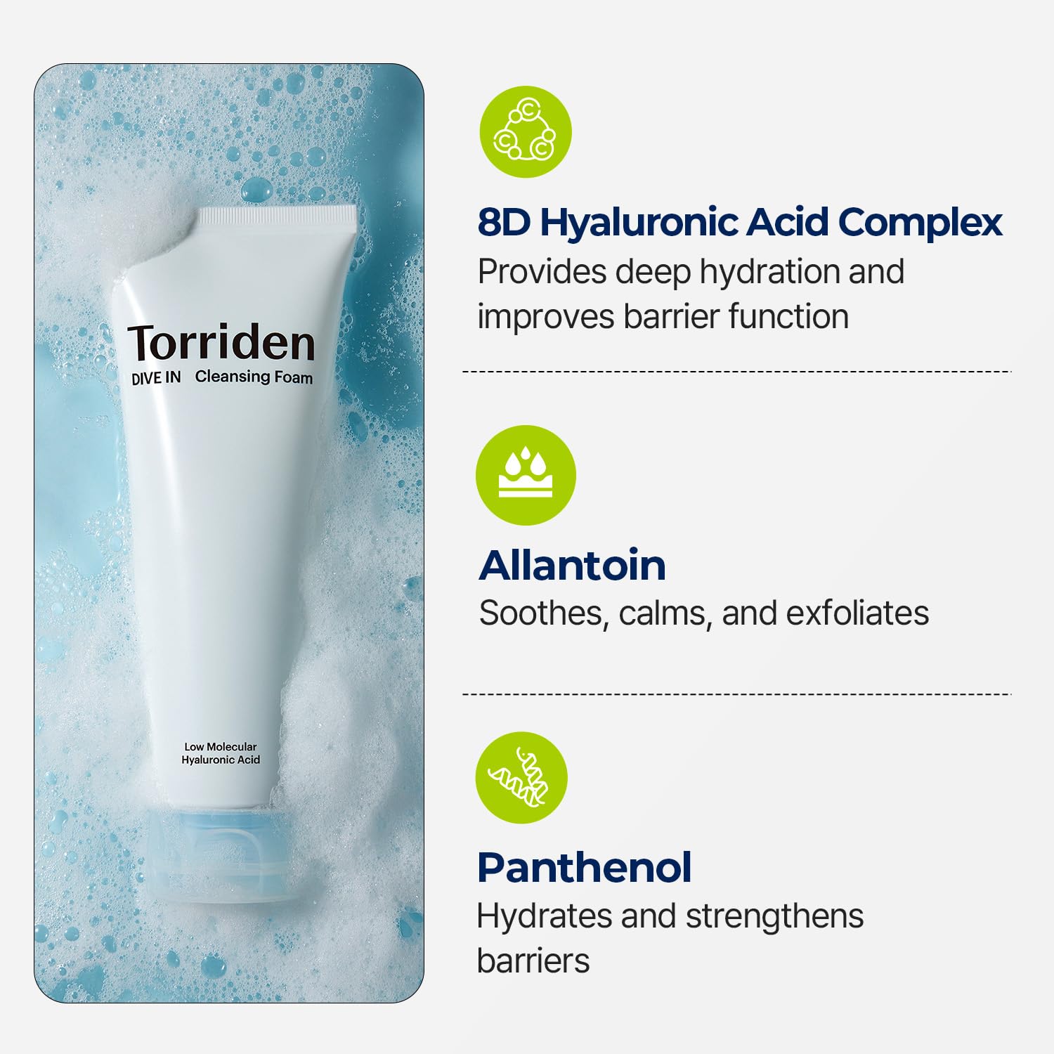 Torriden DIVE-IN Cleansing Foam Face Wash 5.07 fl oz., Hydrating Daily Facial Cleanser for All and Sensitive Skin, with Hyaluronic Acid, Panthenol, Allantoin | Vegan and Cruelty Free : Beauty & Personal Care