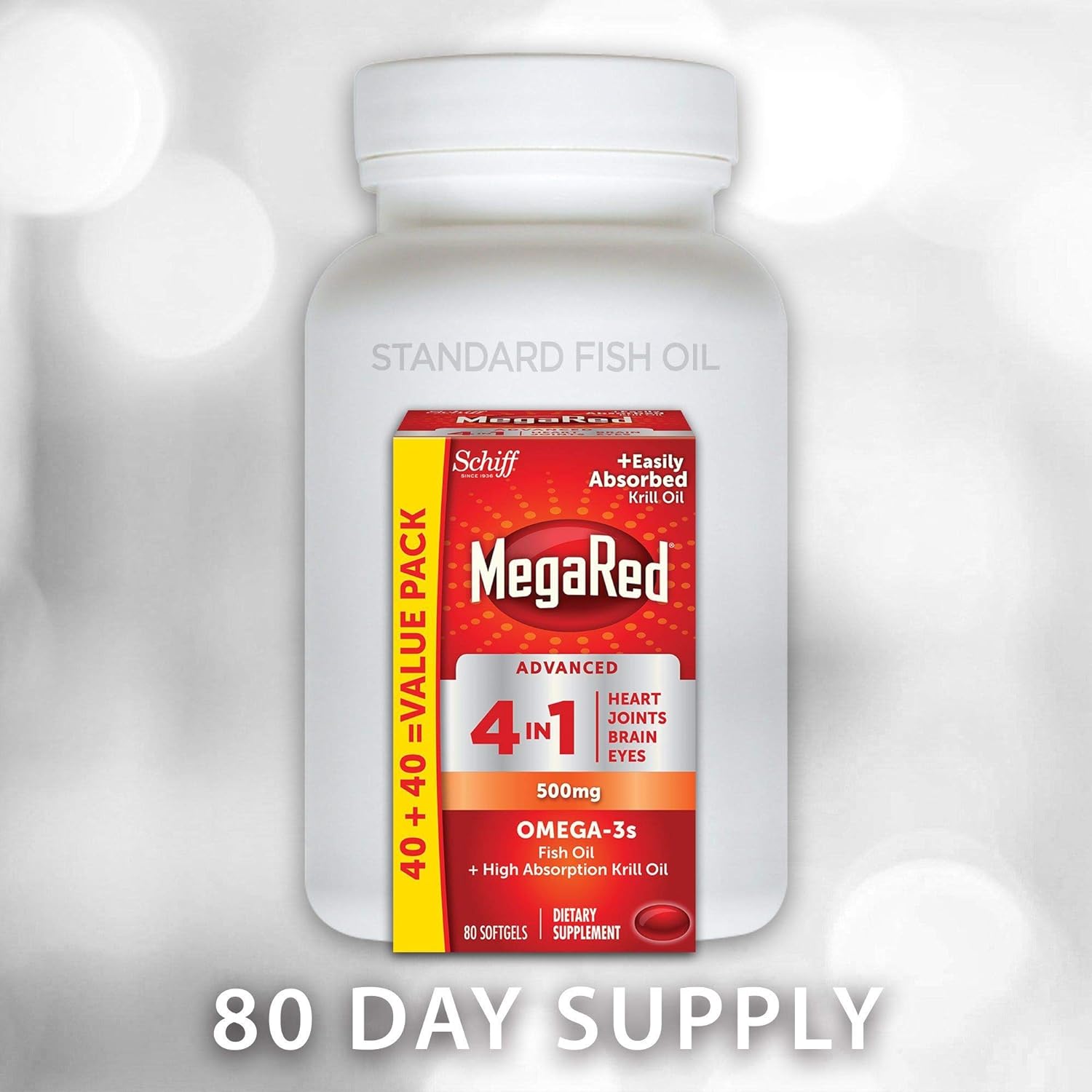 MegaRed Advanced 4 in 1 Omega-3 Fish Oil + Krill Oil, 80 Softgels (Pack of 2) : Health & Household